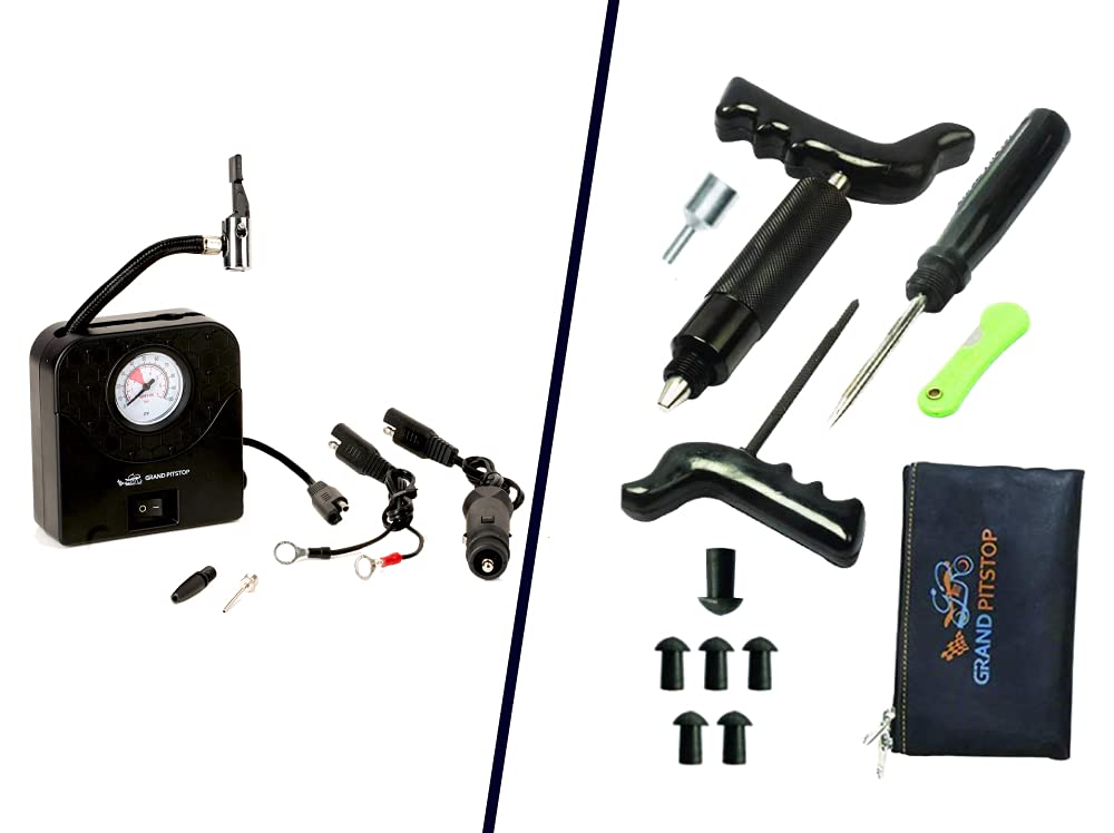 GRAND PITSTOP Combo of Electric Tyre Inflator with Dual Connecting Port & Tubeless Tyre Puncture Repair Kit with Mushroom Plugs (Mini Plug) for Car and Bike