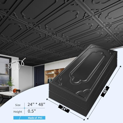 Image of Art3d Decorative PVC Drop Ceiling Tiles, 24 x 48 Inch, 12-Pack, Black