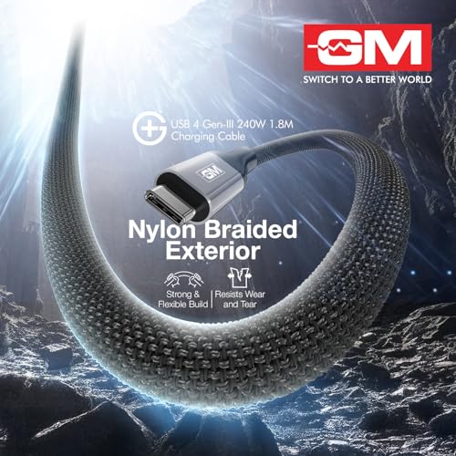 Image of GM G+ USB 4 Gen-III 240W Type-C-C Cable | 180cm | 40Gbps Data Transfer | 8K Display Support | PD 3.1 Charging | 20,000 bend cycles tested Nylon Braided | Laptops,Tablets, Smartphones |1 Year Warranty