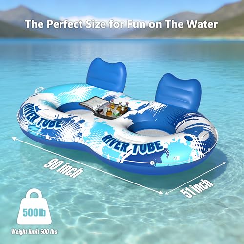 Image of JOSEN Inflatable River Tube Float - 2 Person Heavy Duty River Float, Pool Floats Adult, Lake River Floats Water Tubes for Floating with Removable Cooler & Cupholders for Summer Relaxation