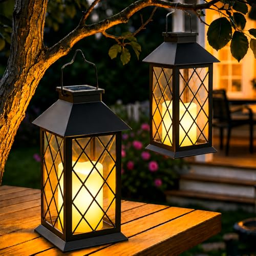 Yowin Lanterne Solaire Exterieur 2 Pièces 22cm Grande Lampe Solaire Jardin avec Bougie, Verre Trempé, Lampe de Table Étanche Suspension Lampe, Solaire...