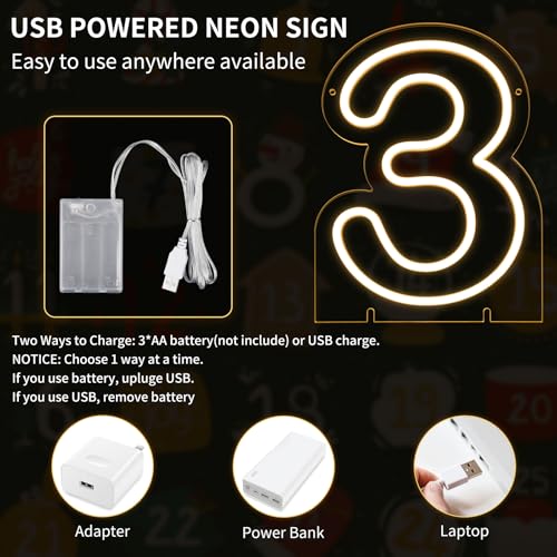 Image of Number 3 LED Neon Sign Backdrop Birthday Party Decoration, 11.3 inch Height Warm White Marquee Numbers Three Light Up Sign for Wedding Anniversary Window Wall Table, Indoor Battery Operated or USB
