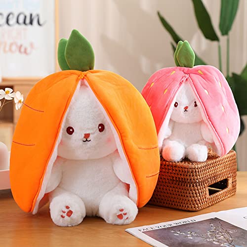 shineFinder Hasen Verstecken,Gefülltes Kaninchen mit Karotten und Erdbeeren, Plüschtier Hase, Hasenpuppe, Hasenplüsch, Weiches Plüsch-Kaninchen-Spielzeug(Erdbeere, 18cm)