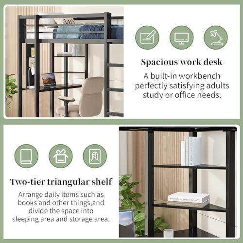 Image of Twin Metal Loft Bed with Desk and Shelves, Space-Saving Frame with Ladder and Full-Length Guardrails, Space-Saving Bed for Bedroom, Black (Mattress Not Included)