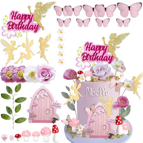 UFROMSKY 32PCS Fairy Cake Topper Decorations Glitter Fairy Happy Birthday Cake Decor Pink Butterfly Flowers Fairy Door Mushroom House Cake Pick for Fairy Birthday Party Fairy Garden Theme Baby Shower