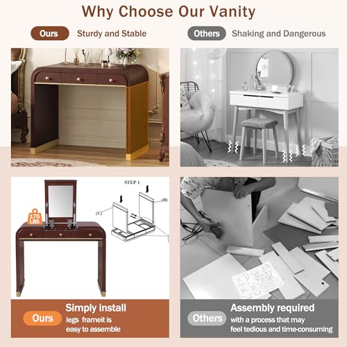 Image of JIVOIT Vintage Vanity Desk with Flip Mirror, Flip-Top Mirror with Hidden Storage, 3-in-1 Wood Dressing Table with 2 Drawers and Storage Space, Easy Assembly (Espresso,44)