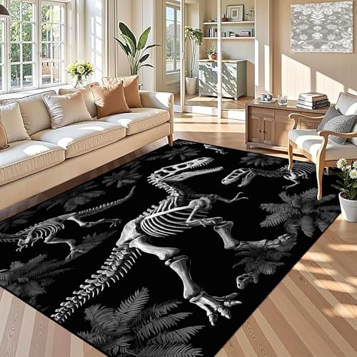 EDGZKO Black Dinosaur Area Rug 4x6 Jungle Animals Washable Rugs for Kids Boys Playroom Nursery Room Non-Slip Dino Carpet for Living Room Bedroom Doormat Floor Mats Indoor Decor
