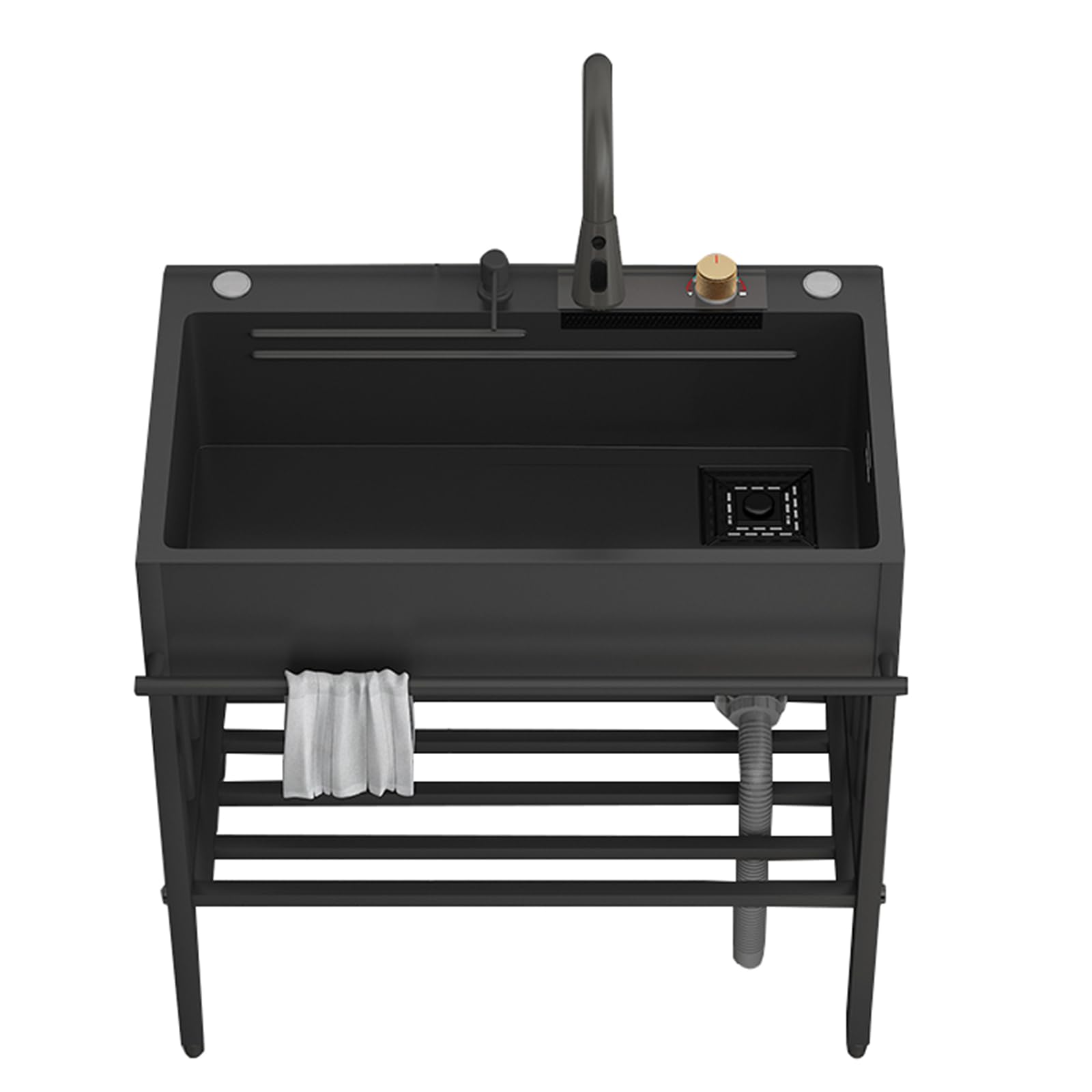 YADZISW Freestanding Stainless Steel Waterfall Kitchen Sink with Faucet & Chopping Board Workstation - Black 77x45x75cm Modern Design Versatile Accessories