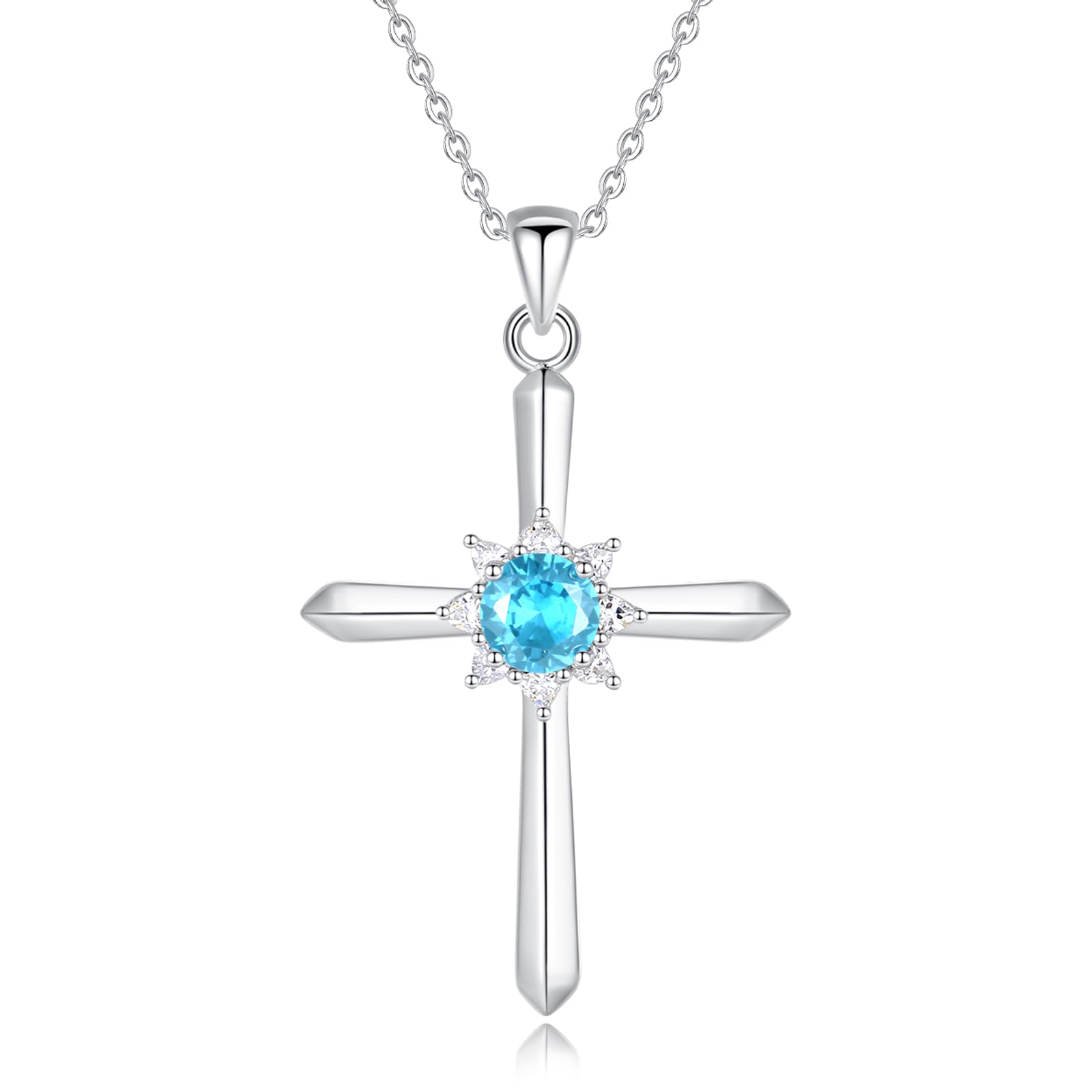 FANCIME Birthstone Cross Necklace for Women Sterling Silver Birthstone Necklace Halo Infinity Cross Pendant Necklace Fine Jewelry Valentines Day Gifts