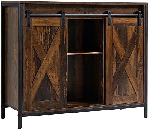 HOMCOM Industrial Sideboard, Buffet Cabinet with Sliding Barn Doors, Storage Cabinets and Adjustable Shelves for Living Room, Kitchen, Home Bar, Rustic Brown