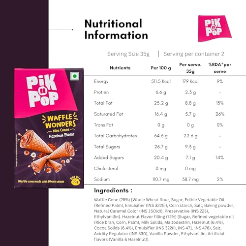 Image of Pik n Pop Hazelnut Mini Waffle Cones, Crispy Cones with Creamy Hazelnut Filling, Whole Wheat, Non-Meltable Ready-to-Eat Snack, 100% Eggless, 70g (Pack of 3)