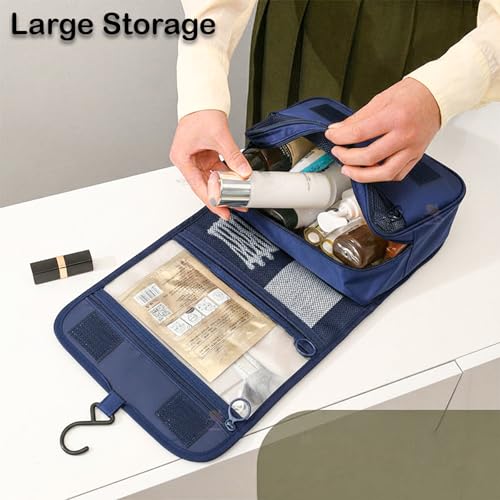 Image of Wishkey Travel Toiletry Pouch for Men & Women Waterproof Hanging Organizer Pouch for Bathroom Accessories, Makeup & Cosmetics Large Capacity Portable Toiletries Kit with Mesh Pockets - Dark Blue