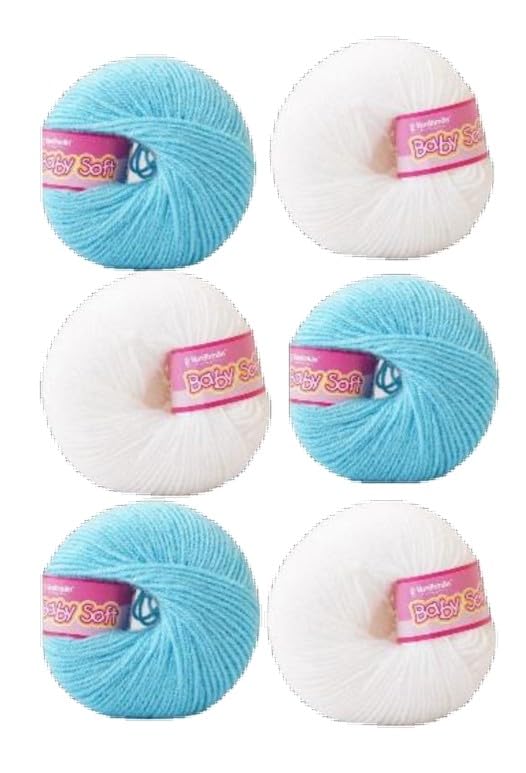 Image of Vardhman BabySoft Knitting Yarn | 100% Acrylic Wool | 4 Ply | Thin Knitting & Crocheting Hook Thread & Lightweight | Special Baby Wool | 150 Grams (6 Balls of 25g) | Machine Washable | Ideal for Blankets, Hats, Booties Ultra-Soft for Baby Sweaters, Blankets, Caps, Socks, Soft toys, Art & craft (Island Blue No.9 & White No.18)