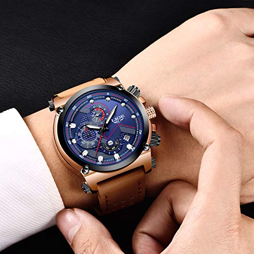 Weehey Herren Quarz Armbanduhr Runde leuchtende Sportuhr Automatik Datum Wasserdicht Premium Leder Blaues Zifferblatt Silber Skala