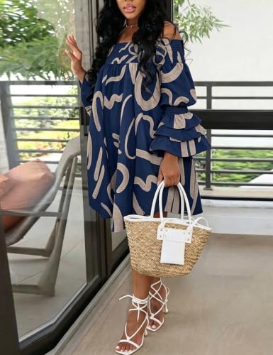 Image of WOKANSE Party Dresses for Women Off Shoulder Layered Flare Sleeve A line Ruched Plus Size Midi Summer Dress