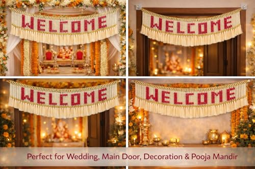 Image of Welcome Pearl Letter Door Toran | 3 Ft Decorative Bandhanwar with Tassels for Main Door, Mandir & Wedding Decor | Festive Home Entrance Hanging