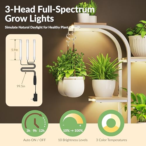 Image of White Plant Stand, 7 Tier Tall Plant Shelf with Grow Light, Large Curve Shaped Lighted Plant Stand for Multiple Plants, Indoor Home Decor Display Rack