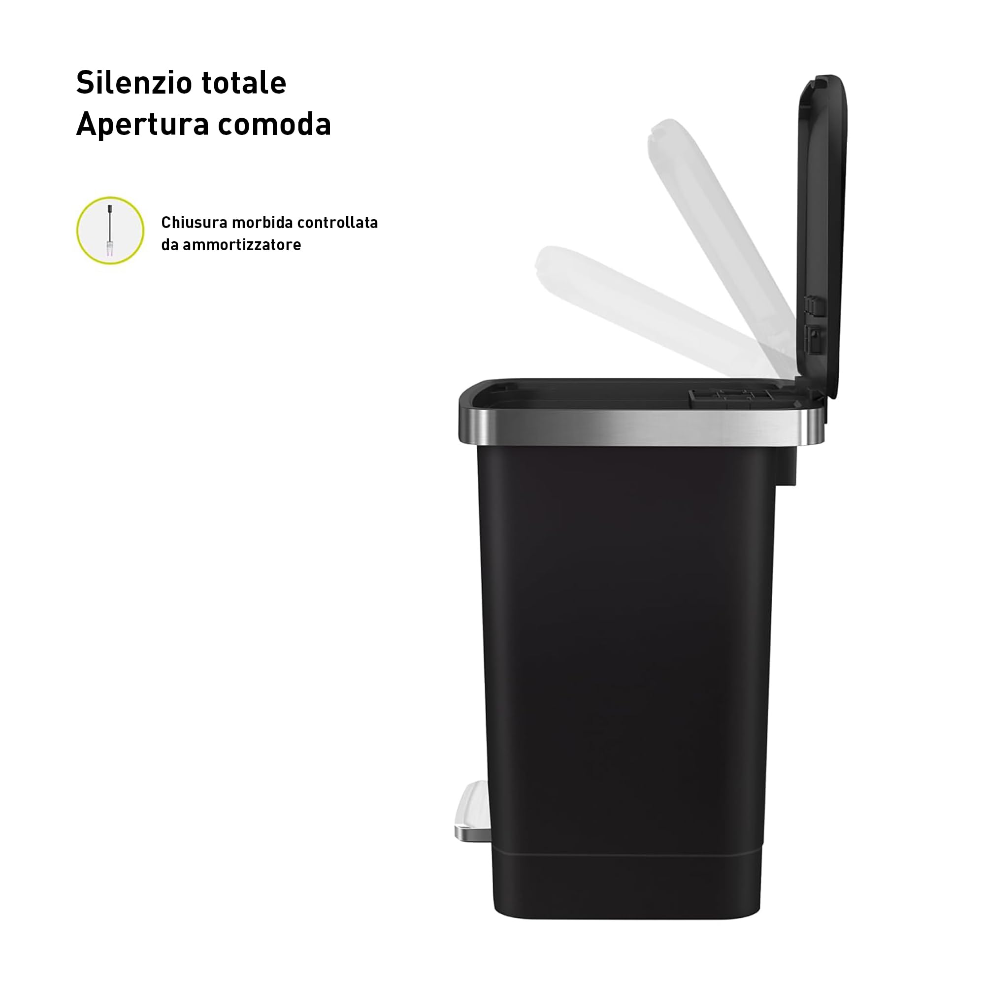 EKO HANA | Pattumiera da bagno e cucina nera da 15 litri con pedale e chiusura ammortizzata | Pattumiera compatta e moderna per bagno o cucina