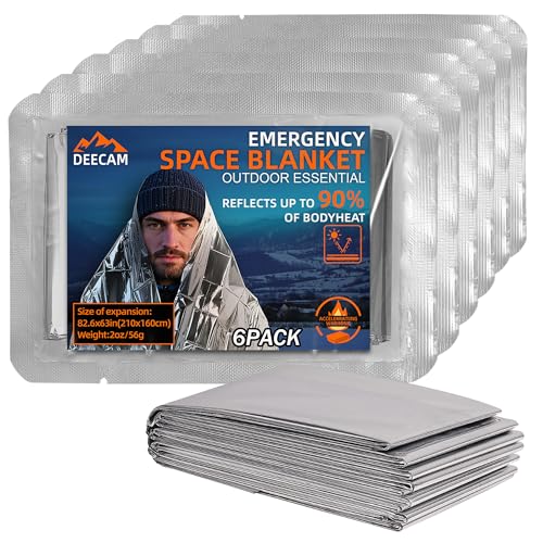 Deecam (Pack of 6) Emergency Space Blankets, Mylar Thermal Survival Blankets Foil Camping Emergency Heat Reflective Blanket for Outdoor, First Aid, Hiking, Camping Gear, Travel