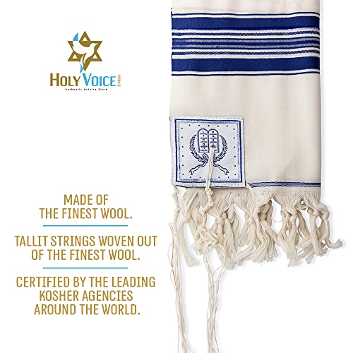 Image of HOLY VOICE 100% Wool Tallit Prayer Shawl Kosher Certified White with Stripes for Men, Made in Israel w / 100% Wool Tzitzit