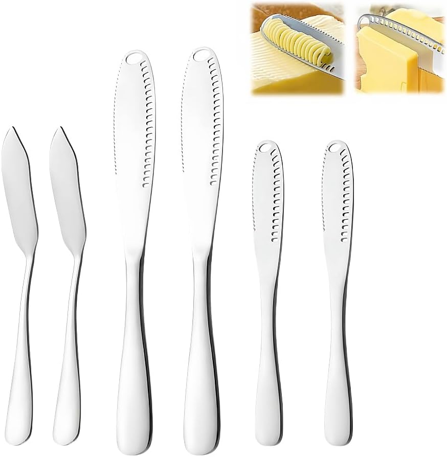 LUCKYLIGHT premium stainless steel butter knife set - 6-piece butter spreader knives with holes in blade for easy spreading, dishwasher safe, multi-purpose kitchen tool for butter, cheese, and more