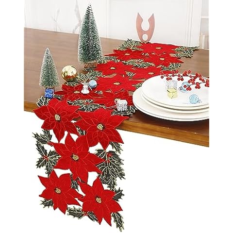 GRANDDECO Christmas Holiday Table Runner for Farmhouse Parties Embroidered Christmas Flower Poinsettia Dresser Scarves Xmas Home Kitchen Dinner Table (Table Runner 13X68（33X172cm）, Christmas Flower) Cover