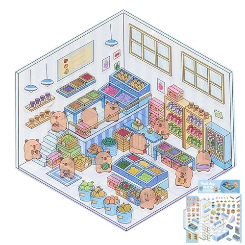 Scene Stickers, Capybara 3D Houses Sticker Pack, Reusable Cartoon Art Craft Supplies, Funny Diary Book Decor Stickers for Kids and Adults, Scrapbooking and Journaling 4.92x7.48in