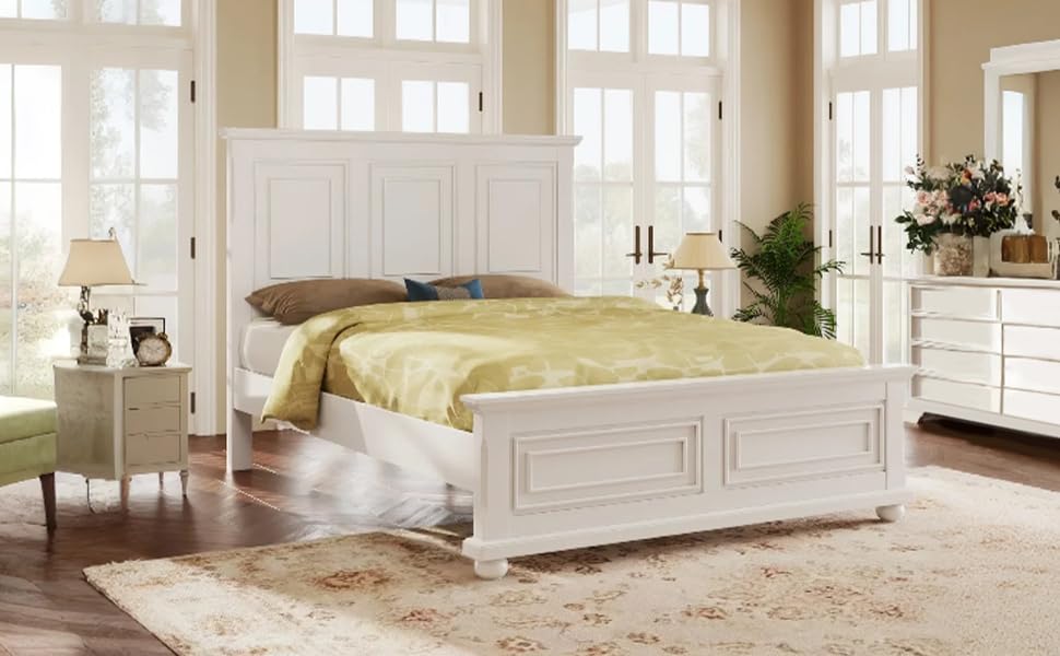 Traditional-Town-and-Country-Style-Pinewood-Panel-Bed-Sturdy-Frame-with-Decorative-Fretwork-Accents-White Traditional Town and Country Style Pinewood Panel Bed Sturdy Frame with Decorative Fretwork Accents White