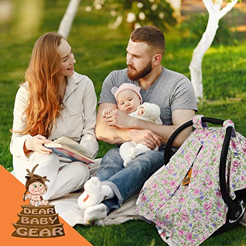 Image of Dear Baby Gear Floral Baby Car Seat Canopy with Snap Button Opening - Newborn & Toddler Carseat Cover - Nursing Covers - Infant Chair Essentials (Lavender Pink Floral & Dot, 40 inch x 30 inch)