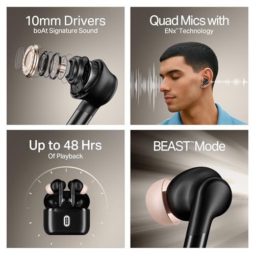 Boat Airdopes 141 Gen 2, 4 Mics ENx Tech, 48 Hrs Playback, Free Music Streaming, Fast Charge, Low Latency, IPX4, v5.4 Bluetooth Earbuds, TWS Ear Buds Wireless Earphones with mic (Active Black) view 2