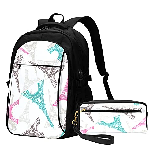 Bagpack With Pencil Case Tourist Landmark Eiffel Tower Paris Personalized Backpacks With Usb Charging Port Bag Pack Set For Travel School Hiking Camping Teens Girls Boys