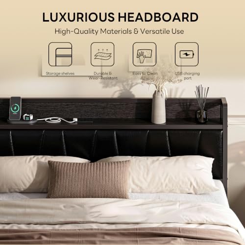 Image of LIKIMIO King Bed Frame, PU Leather Storage Headboard with Charging Station, Solid and Stable, Noise Free, No Box Spring Needed, Easy Assembly, Black
