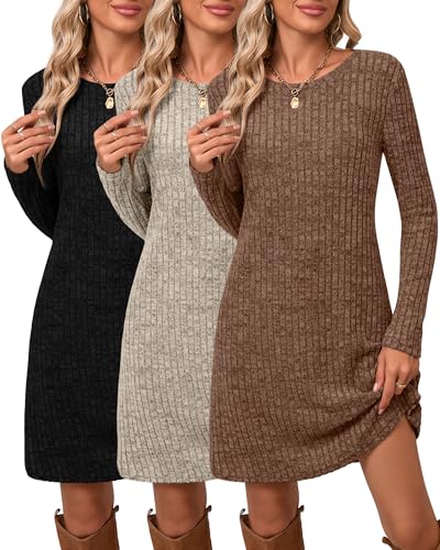 Riyiper 3 Pack Women's Long Sleeve Sweater Tunic Dresses - Loose Fitting Knit Crew Neck for Casual Fall Winter