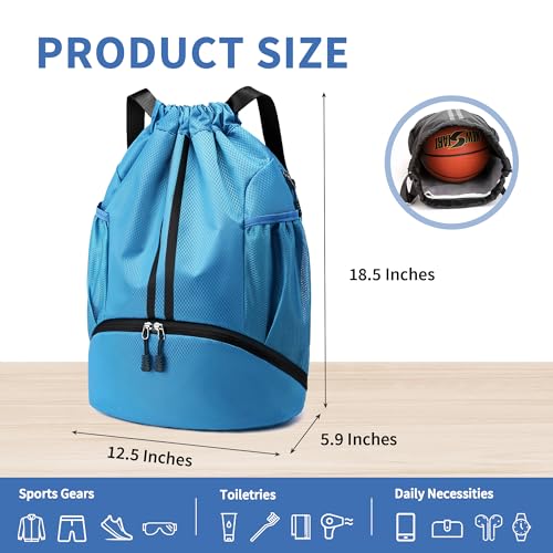 Image of JELUTAR Drawstring Backpack Gym Bag with Shoes Compartment, Sky Blue