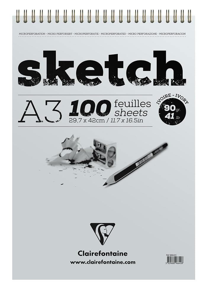 Clairefontaine - Ref 96642C - Ivory Wirebound Sketch Pad (100 Sheets) - A3 (420 x 297mm) in Size, 90gsm Paper - Suitable for Sketching with Pencil, Charcoal