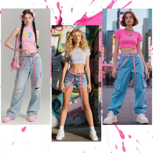 Y2K Aesthetic Colorful Faux Leather Belt, Adjustable Star Decor Dopamine Waist Belt Street Style for Female3