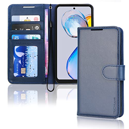 TECHGEAR Moto E32 Leather Wallet Case, Flip Protective Case Cover with Wallet Card Holder, Stand & Wrist Strap, Blue PU Leather with Magnetic Clasp Designed For Motorola Moto E32