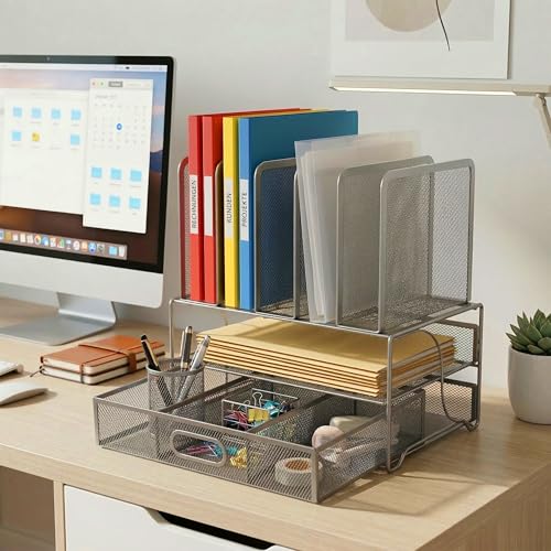 Relaxdays Schreibtisch Organizer, Ordnerhalter mit Schublade & 6 Ablagen, Büro, HBT: 36 x 35 x 24,5 cm, Metall, Silber