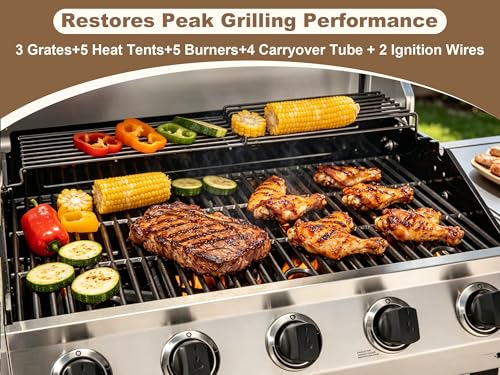 Image of Grill Replacement for Charbroil Performance 5-Burner Gas Grills 463448021 463449021 463455021 463458021, 17 inch Cast Iron Cooking Grates, Stainless Steel Heat Plates, Burner Tubes & Igniters Parts Kit
