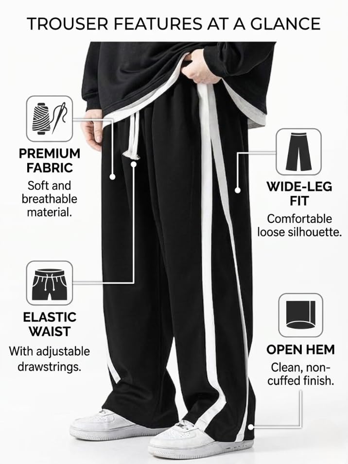 Image of GRECIILOOKS Men's Wide Leg Track Pants with Contrast Side Panel, Relaxed Drawstring Fit Streetwear Trousers, Poly Blend Casual Joggers