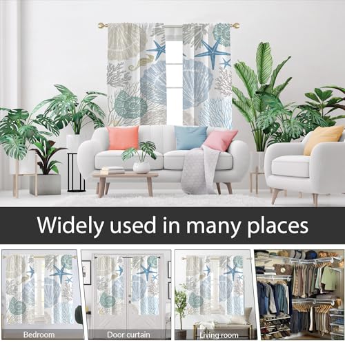 AAtter Coastal Window Curtain Nautical Beach Ocean Starfish Seashell Seahorse Conch Tropical Beachy Under The Sea Living Room Bedroom Drapes Treatment Fabric 1 Pair Home Decor, 42" W x 63" L, Modern - Image 4