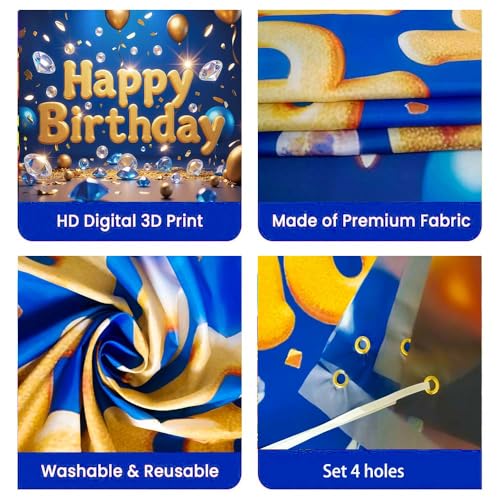 Image of Happy Birthday Backdrop Birthday Party banner | Blue Gold Birthday Banner for Women Boys Girls 71x43.3in Reusable Birthday Background
