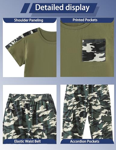 Image of mksodopy Boys Clothes Outfits Set, Camo Cargo Pants and Short Sleeve Pocket Tee 2PC Summer Tracksuit for Kids 5-16Y