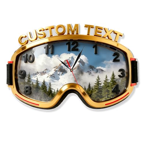 Reloj de pared personalizado con temática de gafas de esquí y nombre Reloj con gafas de nieve, decoración de pared acrílica en 2D para el hogar y regalos de cumpleaños para los amantes del esquí