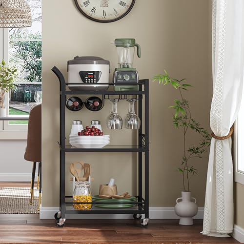 Image of TUTOTAK Bar Cart with 3 Mirrored Shelves, Wine Rack & Glass Holder | 3-Tier 18.5 Inch Wide Home Bar Serving Carts, Small Mobile Kitchen Shelf with 6 Hooks, Black BC01BK034