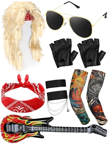 Mepase 80s Rock Costume Set for Women Wig Headband Tattoo Sleeve Gloves Cuff Glasses Inflatable Guitar Punk Rock Party(Cool