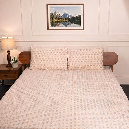 Image of Amazon Brand - Umi Cotton Fitted Bedsheet, Queen Size 78x60 Inches, Elastic Fit Bed Sheet, 10 Inch Deep Pocket, Soft Breathable Bedding, Durable Easy Care, with Pillow Cover-Ivory Matrix