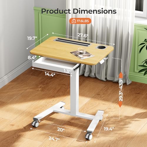 Image of Mobile Standing Desk with Drawer, 28 inch Rolling Desk with Cup Holder and Hooks, Portable Laptop Workstation on Wheels, Height Adjustable Cart with Storage for Home Office, Maple