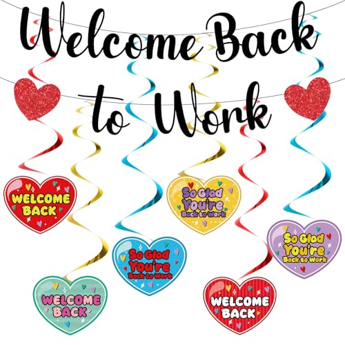 Image of Welcome Back To Work Decoration Banner So Glad You're Back To Work Banner and Hanging Swirls for Office Party Supplies