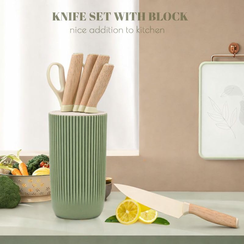 Image of Knife Set, 6-Piece Khaki Kitchen Knife Set for Home, Anti-Rust Non-Stick Stainless Steel Sharp Chef Knife Sets with Universal Knife Block for Kitchen, Ergonomical Design (Green)